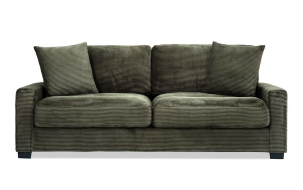 Aspen Forest 86'' transitional sofa in green polyester fabric with plush cushions, memory foam, accent pillows, and sturdy plywood frame.