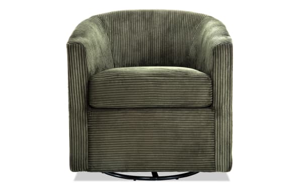 Aspen Forest Swivel Chair in green polyester fabric with plush ribbed upholstery, transitional style, and durable plywood frame for comfortable lounging.