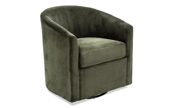 Aspen Forest Swivel Chair in green polyester fabric with plush ribbed upholstery, transitional style, and cushioned memory foam seat for cozy lounging.