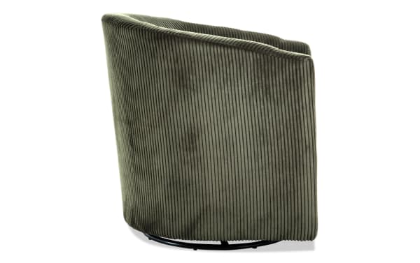 Aspen Forest Swivel Chair in green polyester fabric with plush ribbed upholstery, transitional style, durable plywood frame, and 360-degree swivel base.