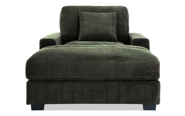 Aspen Forest Chaise in green polyester fabric from the Aspen collection, featuring plush Bob-O-Pedic® memory foam, transitional style, and included accent pillow for comfortable lounging.