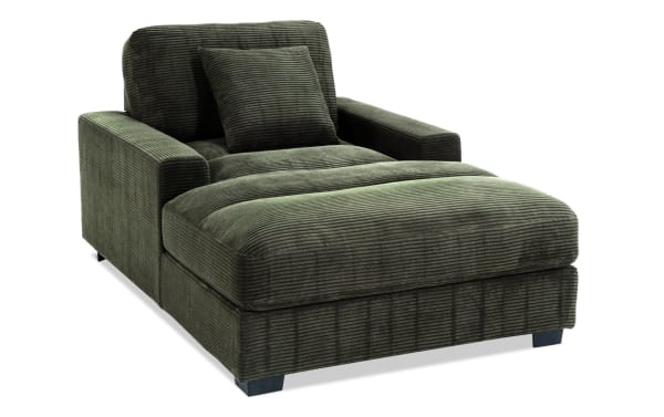 Aspen Forest Chaise in green polyester fabric from the Aspen collection, featuring plush Bob-O-Pedic® memory foam, transitional style, and included accent pillows for comfortable lounging.