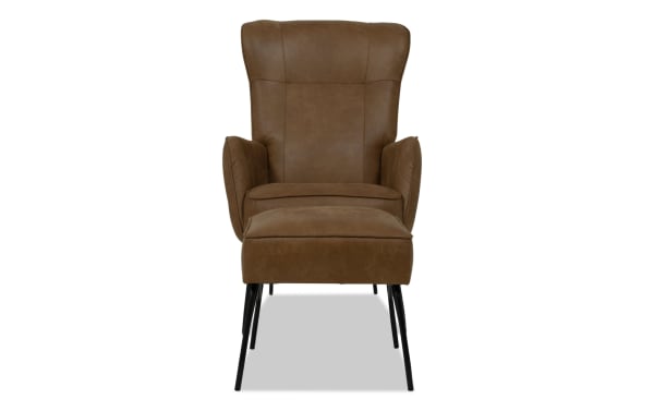 Cleo Brown Accent Chair & Ottoman in brown polyester fabric with iron legs, transitional style, memory foam cushioning, and matching ottoman.