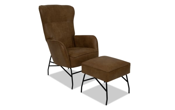 Cleo Brown Accent Chair & Ottoman set in brown polyester fabric with iron legs, featuring transitional style and memory foam cushioning for ergonomic comfort.
