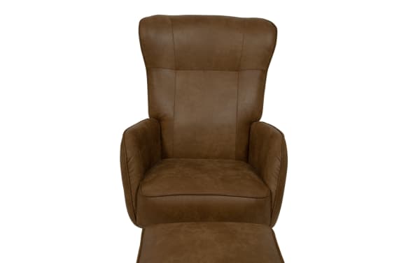 Cleo Brown Accent Chair & Ottoman set in brown polyester fabric with Bob-O-Pedic Memory Foam, featuring a transitional style and iron frame.