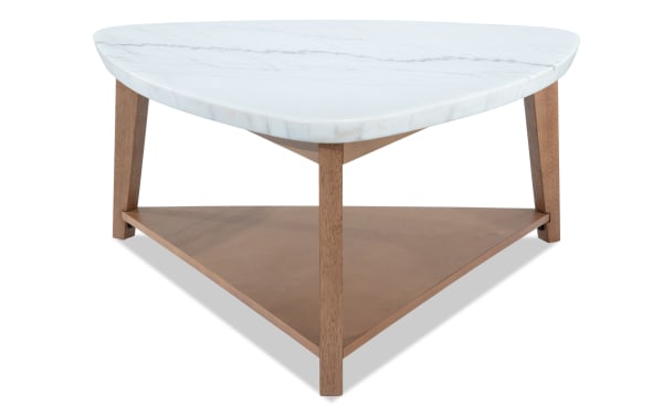 Elm Natural & Marble Triangle Coffee Table with sleek white marble top and natural wood MDF frame, part of Elm Occasional transitional style collection.