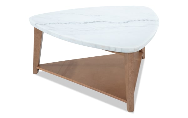 Elm Natural & Marble Triangle Coffee Table with sleek white marble top and natural wood MDF frame, part of Elm Occasional transitional style collection.