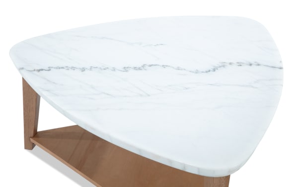 Elm Natural & Marble Triangle Coffee Table from Elm Occasional collection, featuring a sleek white marble triangular top and natural wood MDF frame in transitional style.