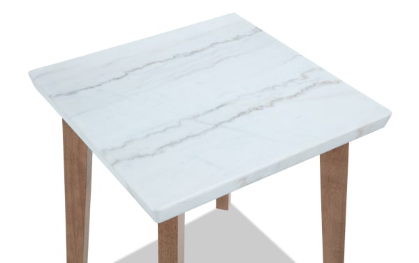 Elm Natural & Marble End Table from Elm Occasional collection, featuring a white marble top with gray veining and natural wood legs in a transitional style.