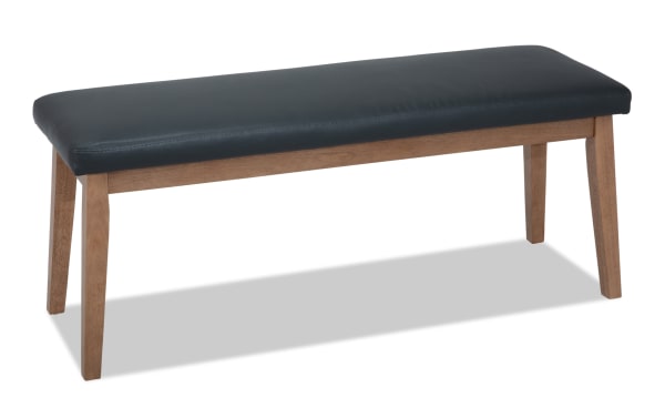 Elm Natural & Gray Faux Leather Upholstered Dining Bench with foam-filled gray seat, MDF legs, transitional style, Elm Dining collection.