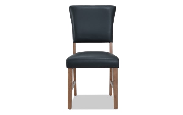 Elm Natural & Gray Faux Leather Panel Back Upholstered Dining Chair with gray foam-filled faux leather seat and back, natural wood legs, transitional style.