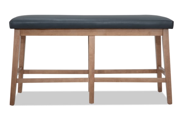 Elm Natural & Gray Faux Leather Upholstered Counter Height Dining Bench with foam-filled gray seat, transitional style, and sturdy engineered wood legs