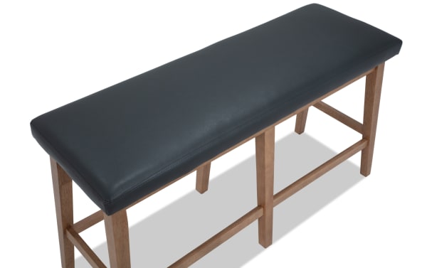 Elm Natural & Gray Faux Leather Upholstered Counter Height Dining Bench with foam-filled gray seat and natural wood legs, transitional style