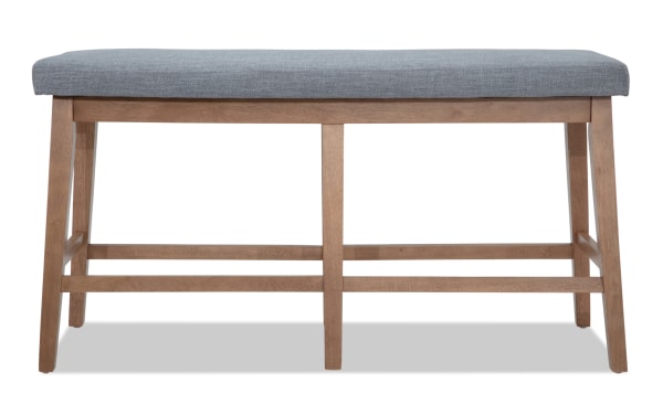 Transitional Elm Dining counter height bench with light gray polyester fabric upholstery, foam padding, and natural wood MDF legs for kitchen seating.