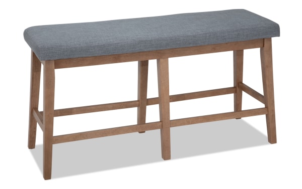 Transitional Elm Dining counter height bench with light gray polyester fabric upholstery, foam padding, and natural engineered wood legs for durable seating.