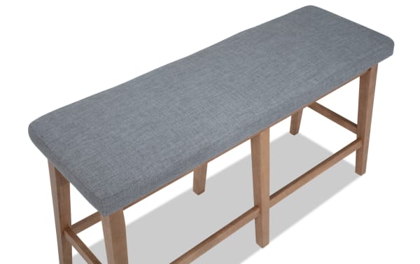 Transitional Elm Dining bench with light gray polyester fabric upholstery, foam-filled seat, and natural wood MDF legs, counter height for kitchen seating.