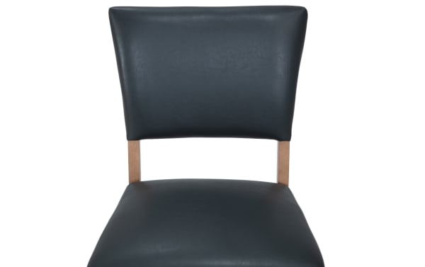 Gray faux leather upholstered panel back counter height stool from Elm Dining collection, transitional style with MDF frame and foam padding.