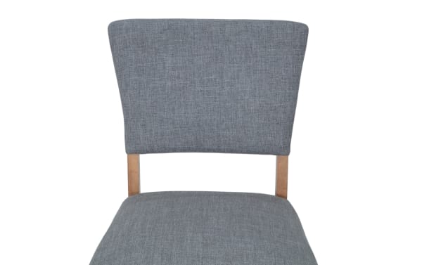 Transitional Elm Dining counter height stool with light gray polyester fabric upholstery, panel back, and natural wood legs.
