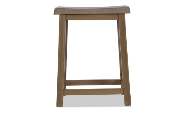 Wooden bar stool with a natural finish, featuring a flat rectangular seat and four straight legs connected by horizontal support bars.
