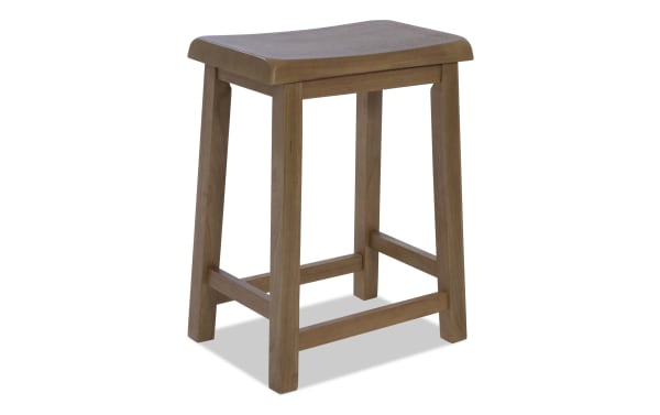 Wooden bar stool with a natural finish, square seat, and sturdy four-leg design with support braces, suitable for kitchen or bar seating.