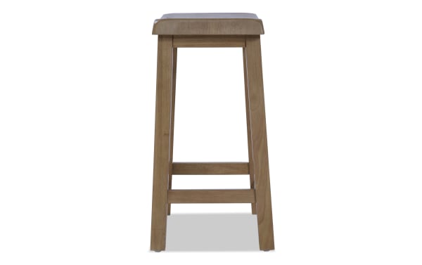 Wooden bar stool with a natural finish, square seat, four straight legs, and horizontal support bars for stability.