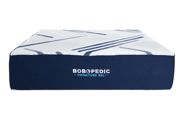 Signature Gel 13.5'' Twin XL Firm Mattress from Bob-O-Pedic Signature collection, featuring a white quilted top with blue geometric stripes and navy blue sides with textured fabric.