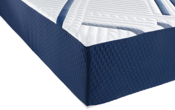 Signature Gel 13.5'' Twin XL Firm Mattress from Bob-O-Pedic Signature collection, featuring a quilted white top with blue accents and a textured navy blue side panel for cooling gel memory foam comfort.