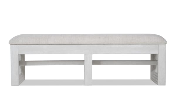 Contemporary Infinity White Upholstered Storage Dining Bench with plush polyester fabric, memory foam seat, and sturdy MDF, rubberwood, oak veneer frame.