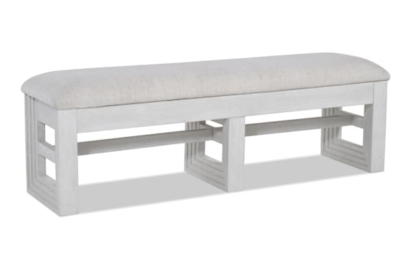 Contemporary Infinity White Upholstered Storage Dining Bench with plush polyester fabric, Bob-O-Pedic memory foam, and sturdy MDF, rubberwood, oak veneers.