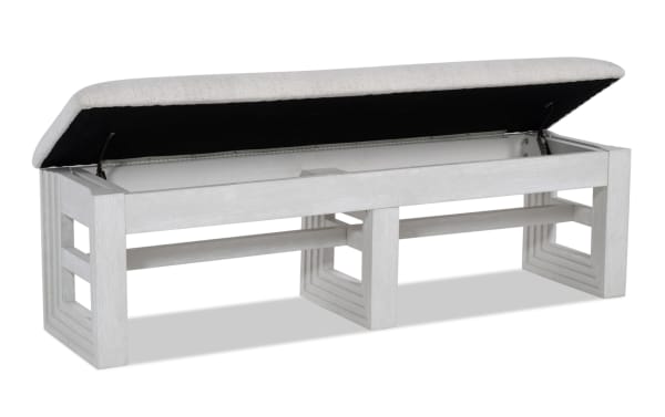 Infinity White Upholstered Storage Dining Bench with plush polyester fabric, memory foam seat, white oak veneer frame, and hidden storage compartment.