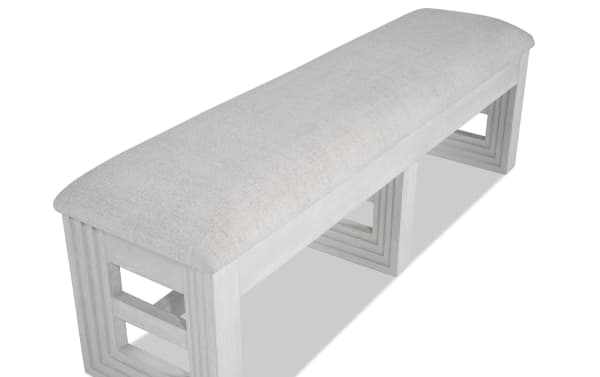 Contemporary Infinity White Upholstered Storage Dining Bench with plush polyester fabric, memory foam seat, and sturdy oak veneer frame.