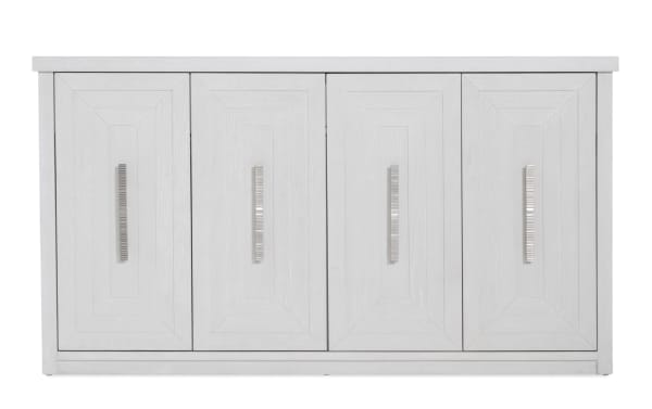 Contemporary Infinity White Server from Infinity Dining collection with four paneled doors, silver handles, adjustable shelving, crafted from MDF, rubberwood solids, and oak veneers.