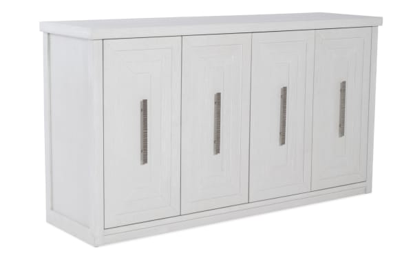 Contemporary Infinity White Server from Infinity Dining collection, made of white MDF, rubberwood solids, and oak veneers with four decorative doors and metal handles.