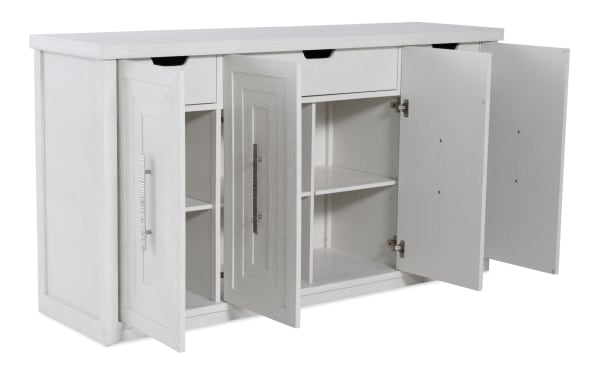 Contemporary Infinity White Server from Infinity Dining collection, made of white MDF, rubberwood solids, oak veneers, with four decorated doors, adjustable shelves, and spacious wood storage.