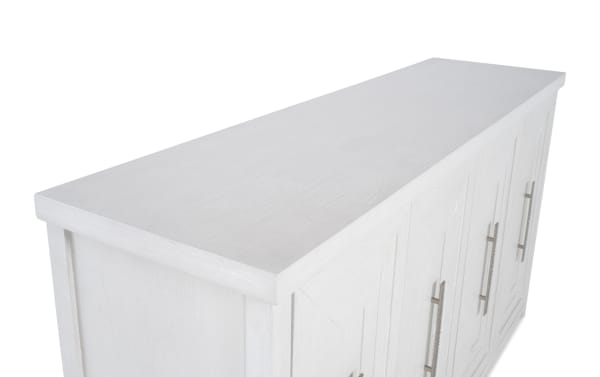 Contemporary Infinity White Server with four paneled doors, metal handles, and white oak veneer finish from Infinity Dining collection.