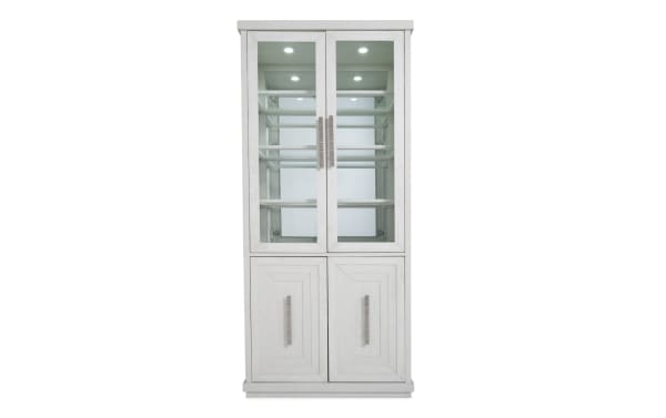 Contemporary Infinity White Curio cabinet from Infinity Dining collection with rubberwood, oak veneer, tempered glass doors, inner lighting, and ample storage.