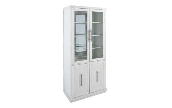 Contemporary Infinity White Curio cabinet from Infinity Dining collection, made of rubberwood solids, oak veneers, tempered glass with glass doors, inner shelves, and metal handles.