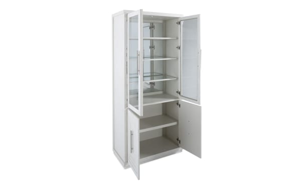 Infinity White Curio cabinet from Infinity Dining collection, contemporary style with rubberwood, oak veneer, tempered glass doors, inner lighting, and multiple shelves for elegant storage.