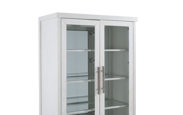 Contemporary Infinity White Curio cabinet from Infinity Dining collection with rubberwood frame, oak veneers, tempered glass shelves, and glass doors.