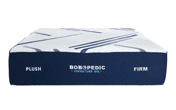 Bob-O-Pedic Signature Gel 13.5'' Queen Dual Mattress with plush and firm sides, navy blue quilted cover, and cooling gel memory foam layers.