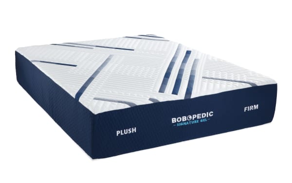 Bob-O-Pedic Signature Gel 13.5'' Queen Dual Mattress with plush and firm sides, navy blue and white quilted cooling cover, gel memory foam layers for adjustable comfort.