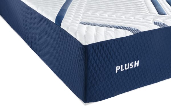 Signature Gel 13.5'' Queen Dual Mattress from Bob-O-Pedic Signature collection, featuring a plush navy blue quilted side panel and white ultra-cooling top cover with gel memory foam layers for dual comfort.
