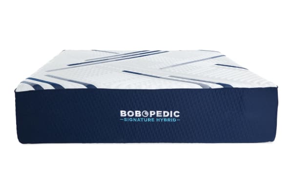 Signature Hybrid 13.5'' Queen Plush Mattress by Bob-O-Pedic, navy blue and white quilted cover with cooling gel memory foam hybrid design for plush comfort.