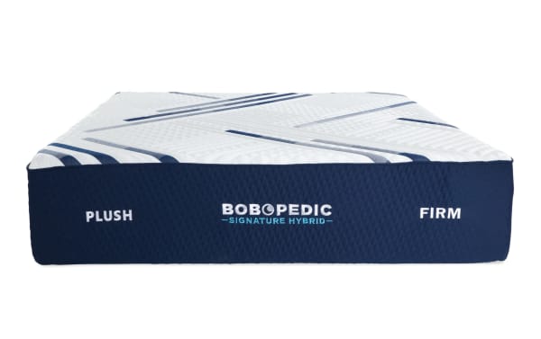 Bob-O-Pedic Signature Hybrid 13.5" Queen Dual Mattress with plush and firm sides, navy blue quilted base, and white cooling cover with blue stripes.