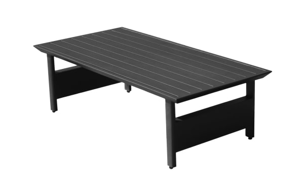Melrose Black Aluminum Outdoor Coffee Table in glam style, featuring rust-proof aluminum construction and sleek horizontal slat top for durable outdoor use.