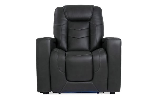 Replay Black Leather Bluetooth Audio Power Recliner in black transitional style with plush leather upholstery, power headrest, recline, and built-in speakers.