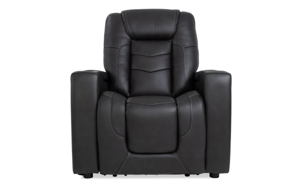Black Replay transitional leather power recliner with Bluetooth audio, memory foam cushioning, cup holders, and adjustable headrest and recline.