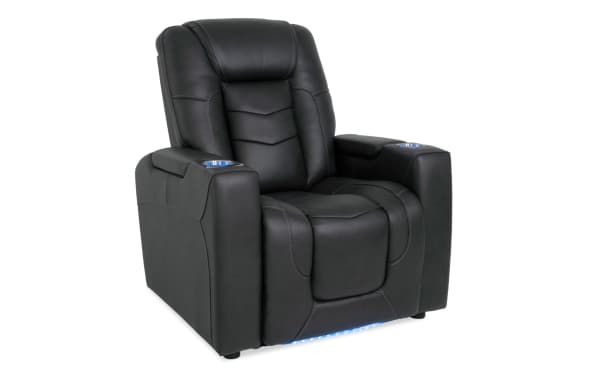 Replay Black Leather Bluetooth Audio Power Recliner in black transitional style with real leather upholstery, power headrest, recline, cup holders, and built-in Bluetooth speakers.