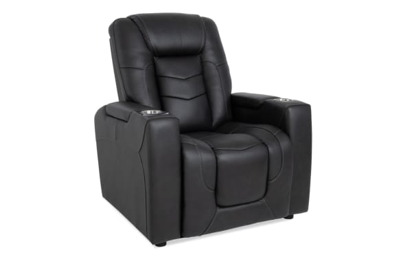 Black Replay transitional leather power recliner with Bluetooth audio, memory foam cushioning, cup holders, and built-in speakers for enhanced comfort.