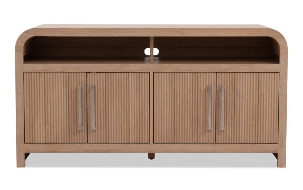 Cascade 50'' natural MDF TV stand in transitional style with ribbed cabinet doors, metal handles, open storage, and cord management.